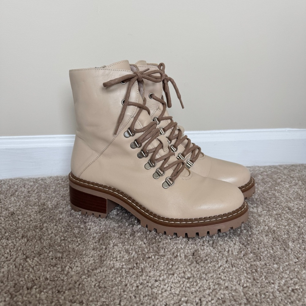 Made in Spain Leather Lace Up Combat Boots Cream Beige Lug Sole Size 39 39041